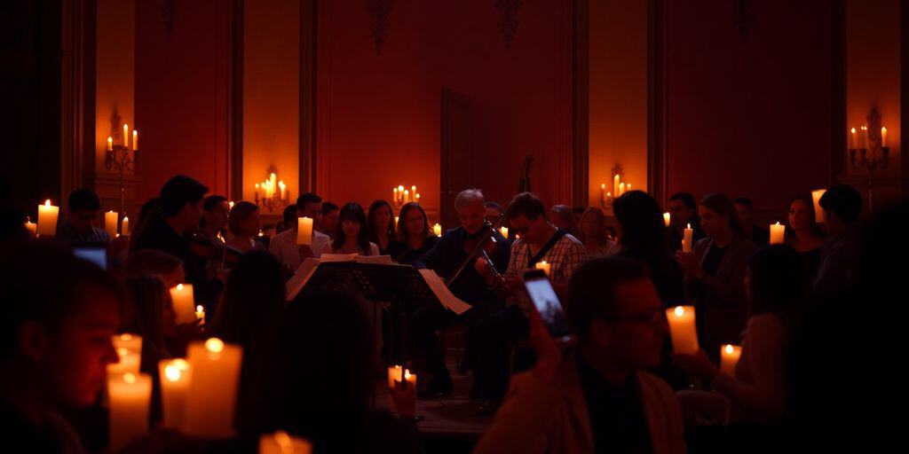 Musicians performing at a candlelight concert with candles.